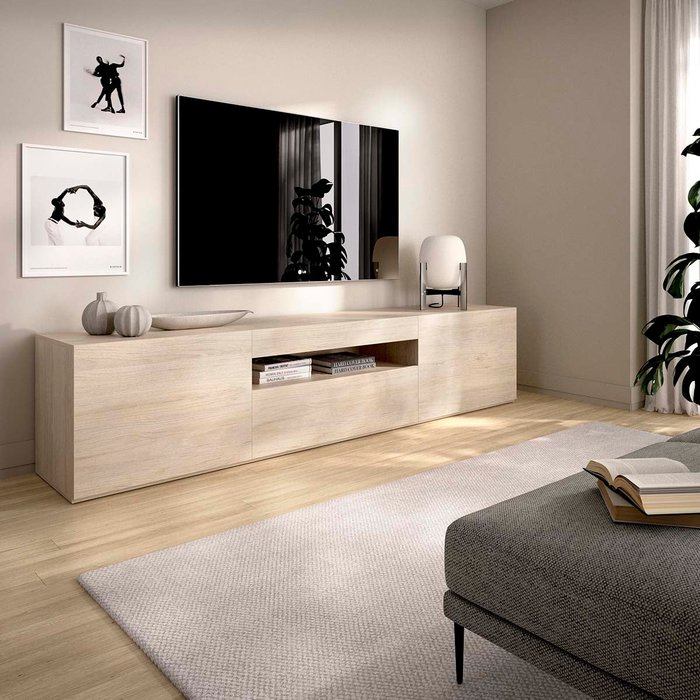 Mueble bajo tv malmo - estante central - ancho 200cm - roble natural - homekit