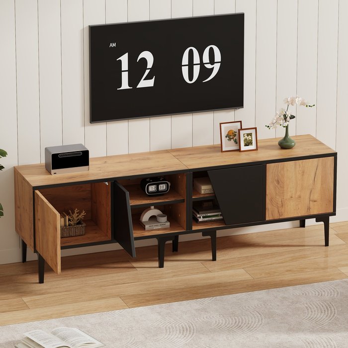 Mueble de tv 160 x 36,5 x 45 cm, 4 compartimentos, 7 patas, natural/negro