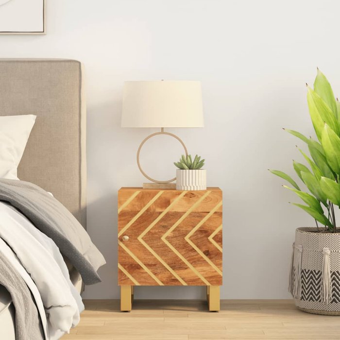 Mesita de noche marrón y negra hecha de madera maciza de mango.