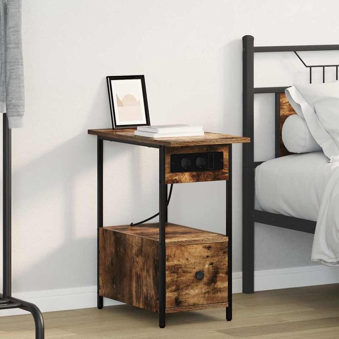 Mesilla de noche, roble ahumado, 60 x 30 x 61 cm, madera de ingeniería