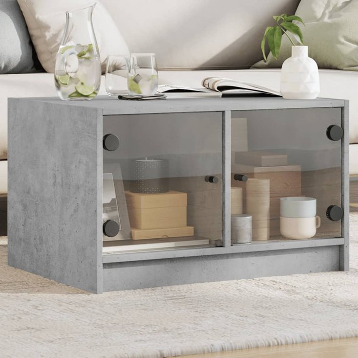 Mesa de centro con puertas de cristal gris hormigón, 68x50x42 cm
