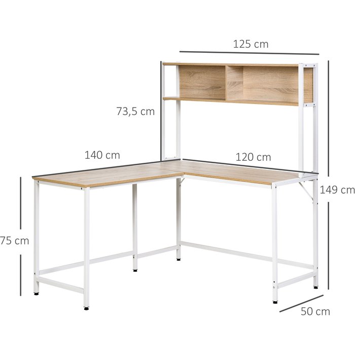 Escritorio de esquina en l con estantes 140x125x149cm madera natural y blanco