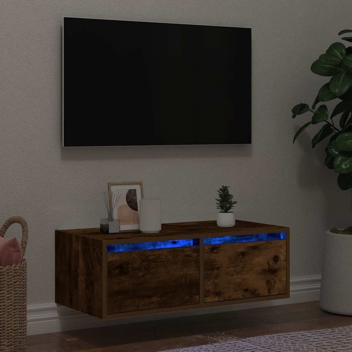 Mueble de tv con luces led, roble ahumado, 75x35,5x25 cm