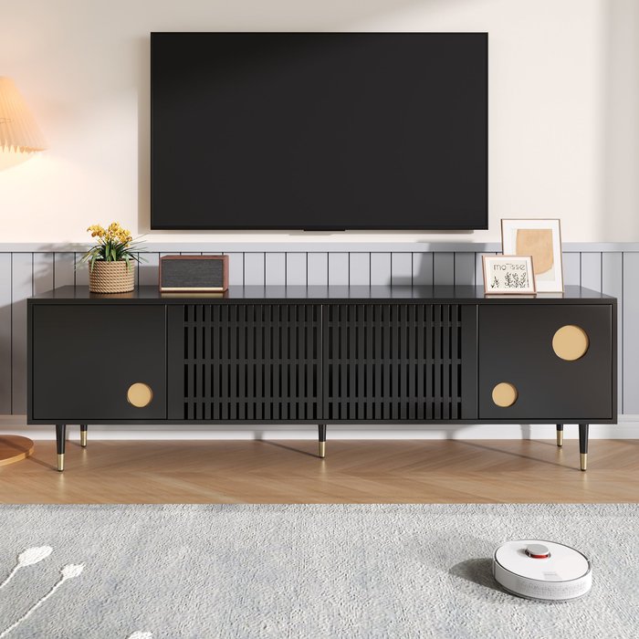 Mueble de tv de 170 cm con 4 puertas/marco dorado, mdf, negro