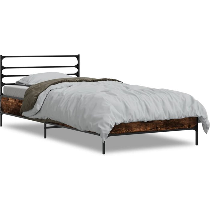 Estructura cama madera ingeniería metal roble ahumado 90x190 cm — comfortxl