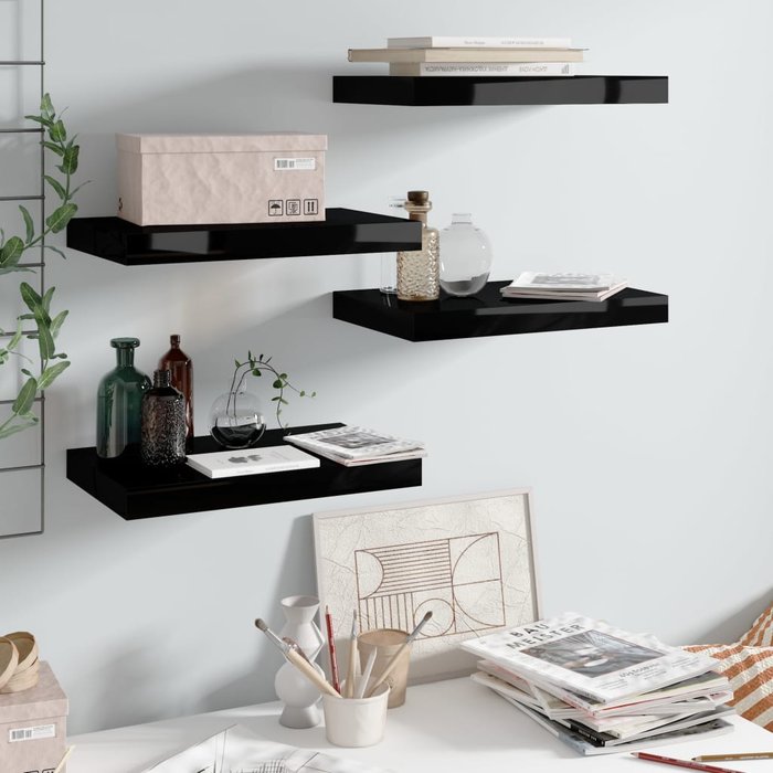 Estante flotante de pared 4 piezas mdf negro brillo 40x23x3,8 cm