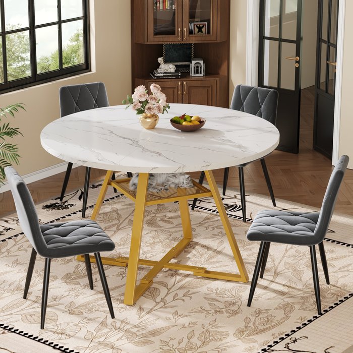 Mesa comedor redonda 120x120x75 cm almacenamiento mármol mdf metal blanco dorado