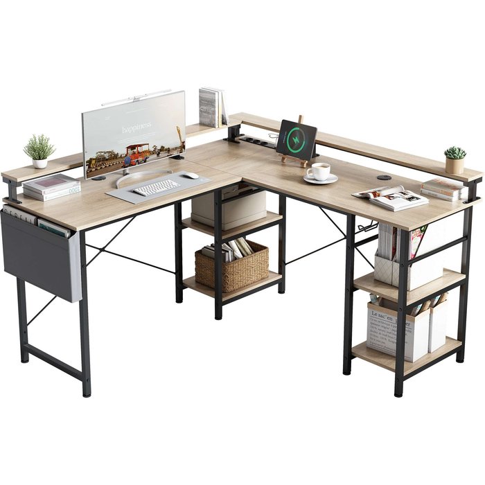 Escritorio gaming en l con led, tomas integradas y estantes ajustables 140x140cm