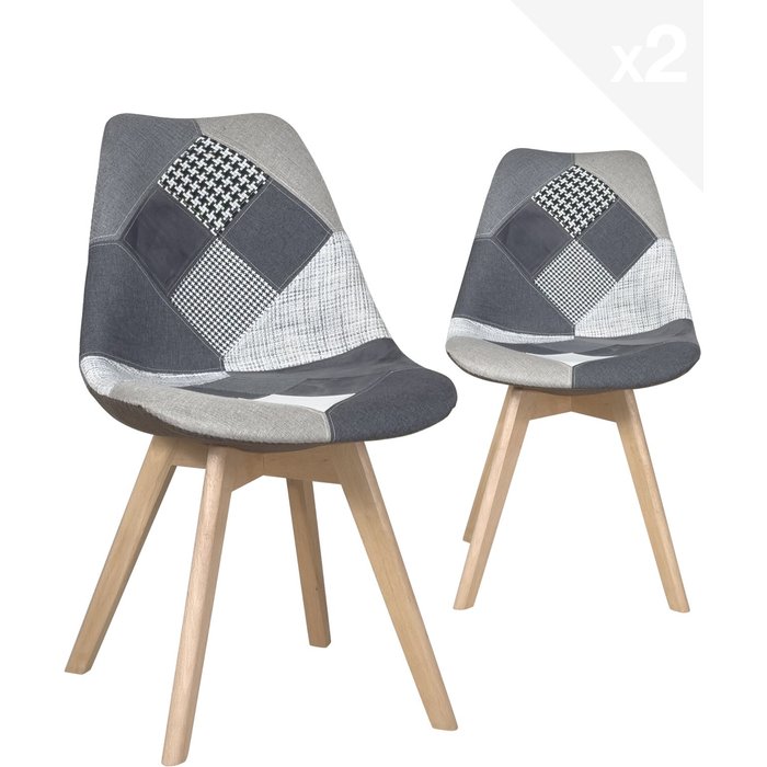 Lote 2 sillas patchwork escandinavas tela patas de madera lao (gris)
