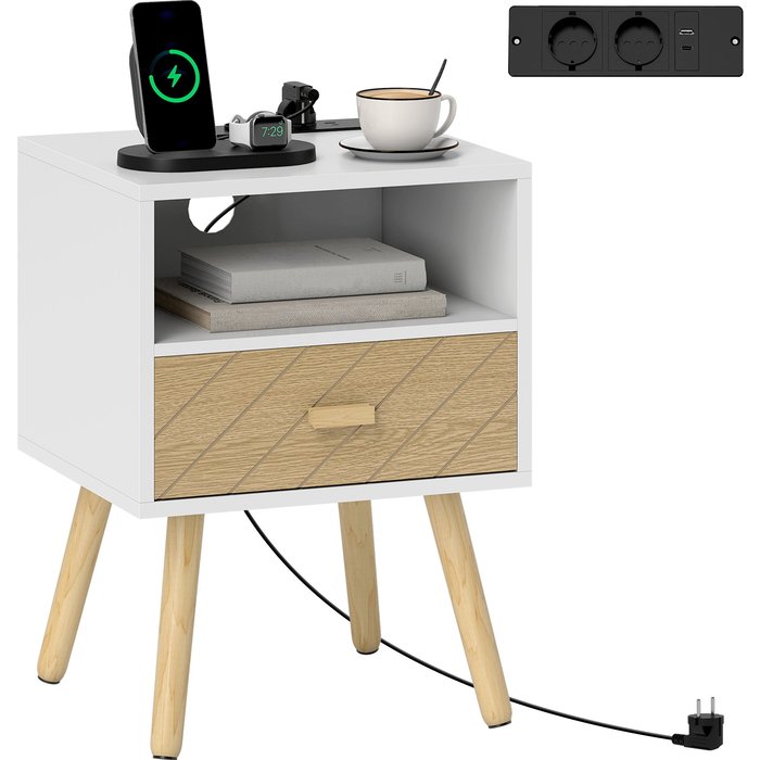 Mesita de noche con estación de carga usb cajón blanca 40x35x54cm