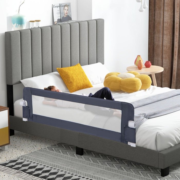 Barrera de cama plegable infantil 152cm con correa ajustable universal gris