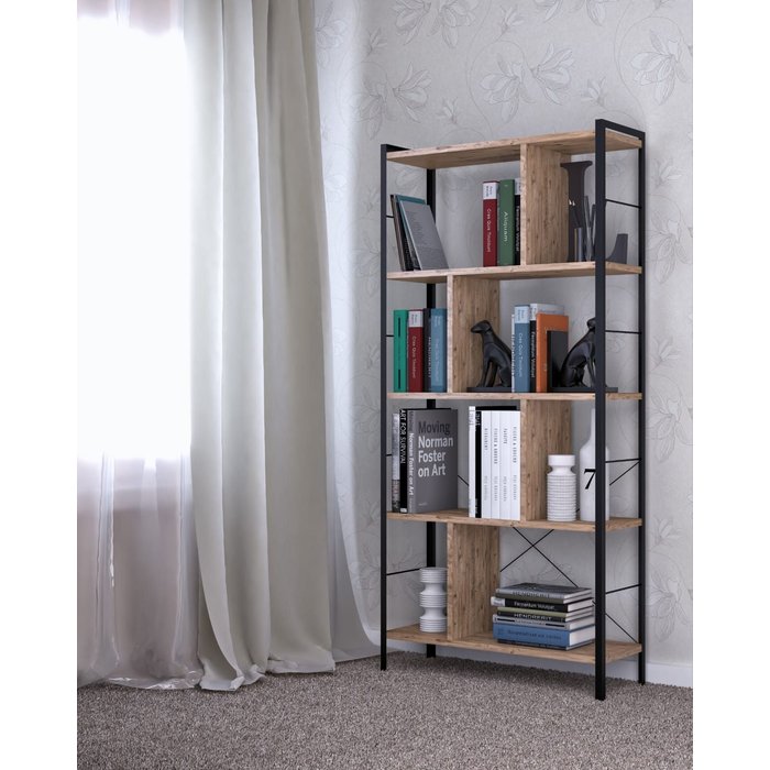 Librería – 78cm x 150cm x 26cm – marrón y negro – melamina y metal