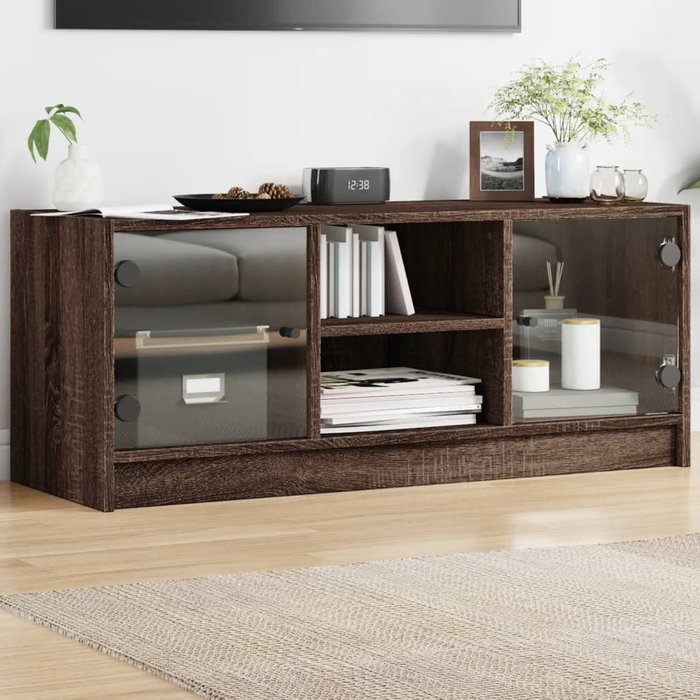 Maison exclusive - mueble de tv con puertas de vidrio marrón roble 102x37x42 cm