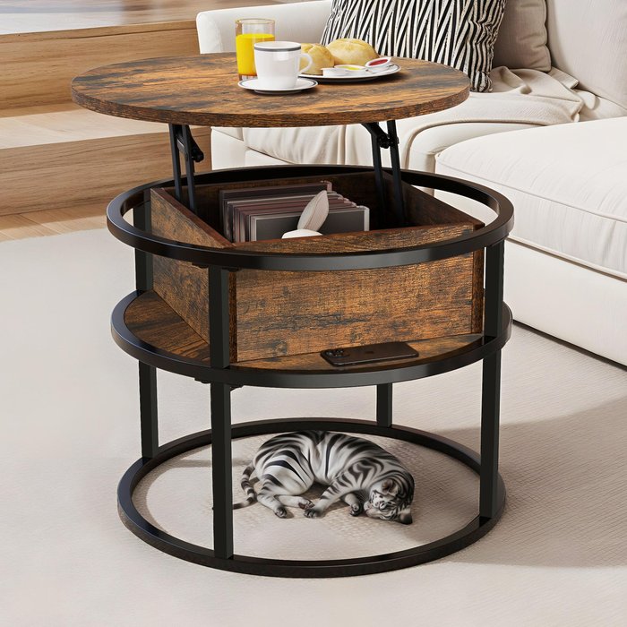 Mesa de centro balconera elevable con tapa-60x60x47cm-marrón
