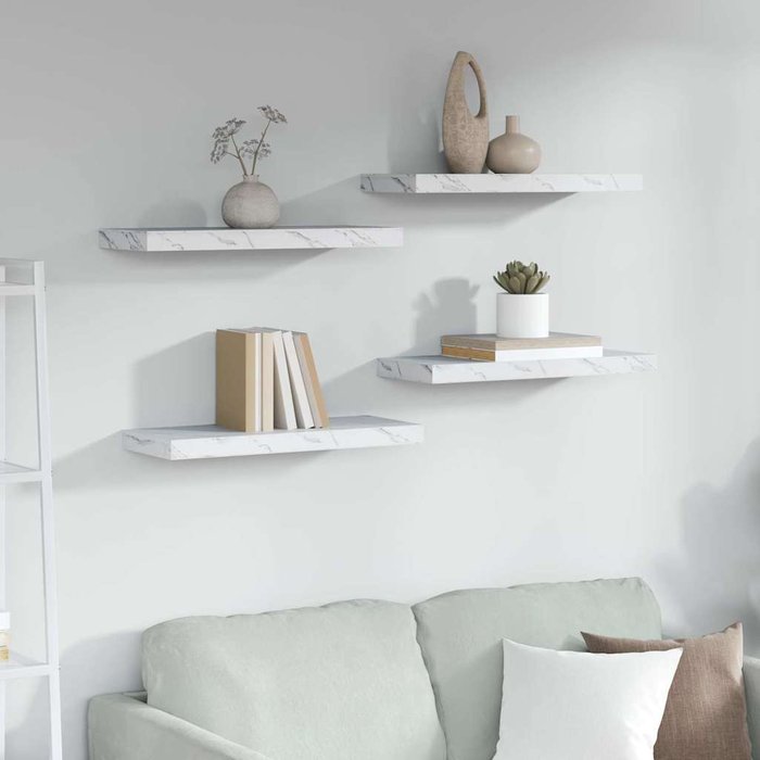 Estantería de pared, 4 piezas, mármol blanco, 60 x 23 x 4 cm