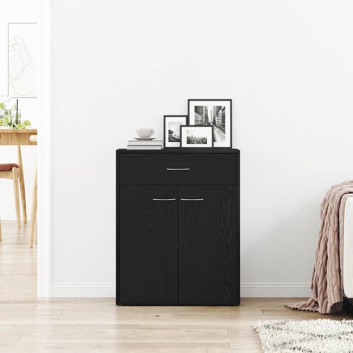 Aparador con cajón, roble negro, 60 x 30 x 75 cm, madera de ingeniería.