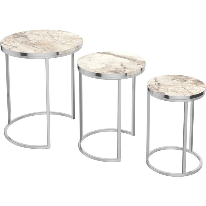 Conjunto de 3 mesas auxiliares nido redondas en mármol blanco y plata 03_0008377