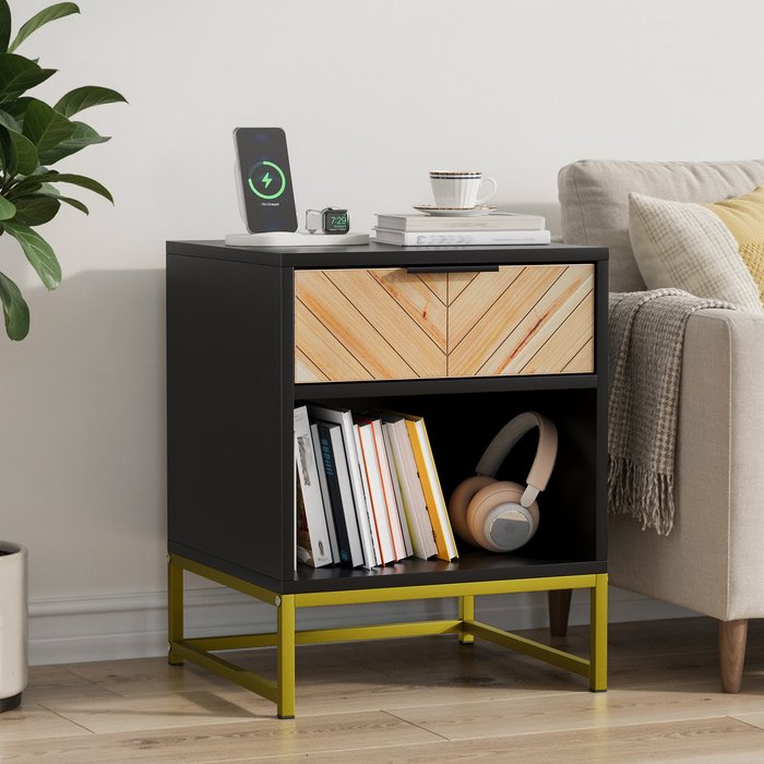 Mesita de noche - 1 cajón y 1 nicho abierto - mdf - negro y natural (43x40x55cm)