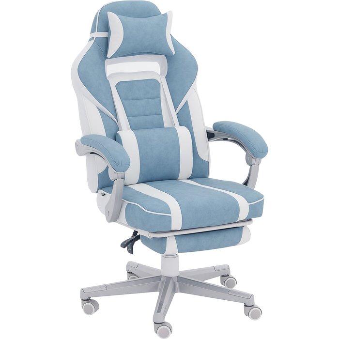 Silla gaming azul reclinable 150° con reposapiés retráctil y soporte lumbar