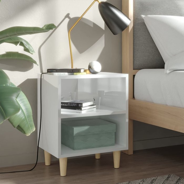 Mesitas de noche patas madera 2 unidades blanco brillo 40x30x50 cm