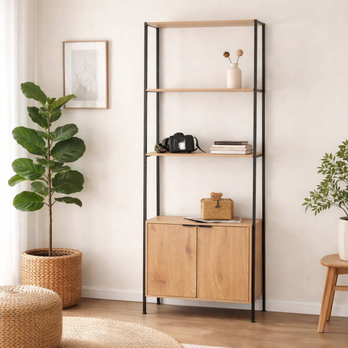 Tydie estantería con 4 compartimentos y armario de 176 cm de roble y negro