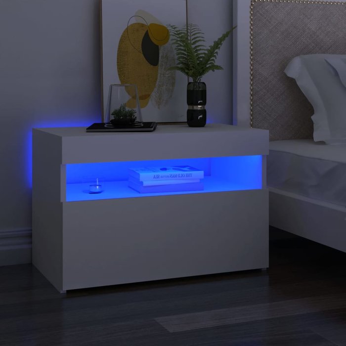 Mesita de noche con luces led, blanca, 60x35x40 cm