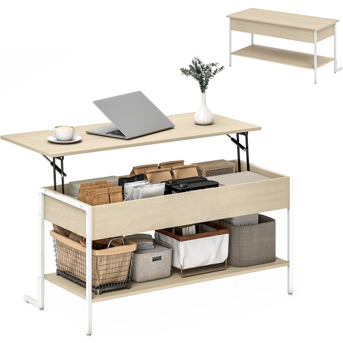 Mesa centro elevable blanca 95cm almacenaje oculto cierre suave madera