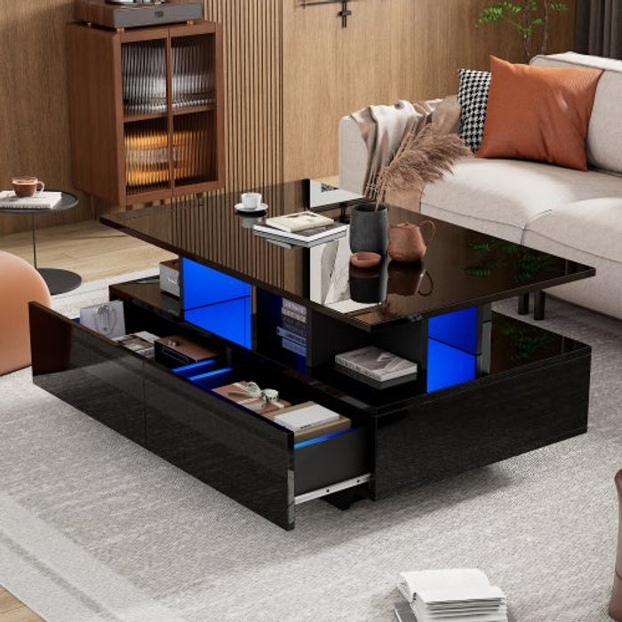 Mesa baja 90x55x41 cm con 2 cajones, led, almacenajes, de mdf, color negro