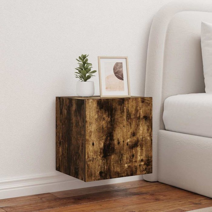 Muebles de tv de pared y luces led, 2 piezas, roble ahumado, 40,5x35x40 cm