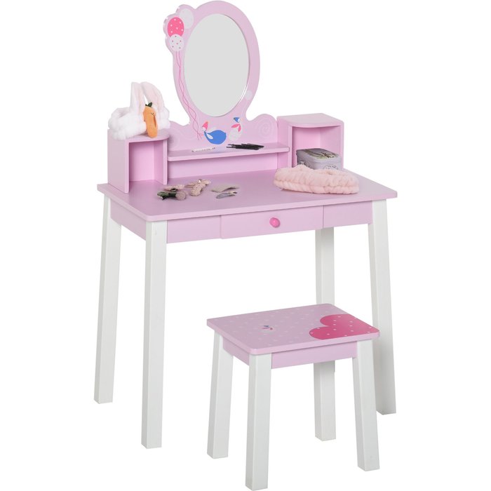 Tocador infantil rosa con taburete y espejo 60x34x93cm - mueble niña 3+ años