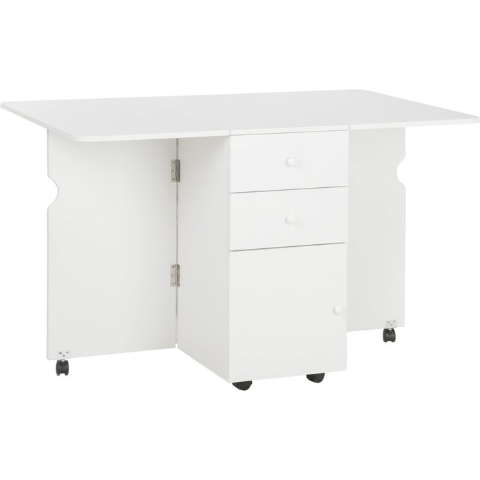 Mesa cocina plegable 120x80cm blanca 6 ruedas 2 cajones extensible