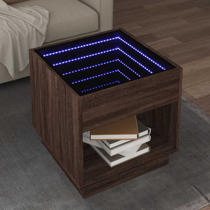 Mesa de centro con iluminación led infinita, roble marrón, 50x50x50 cm