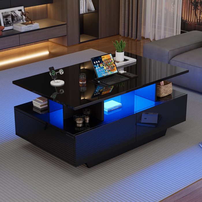 Mesa de centro 90 x 55 x 41 cm, 2 cajones/iluminación led, lacada en negro