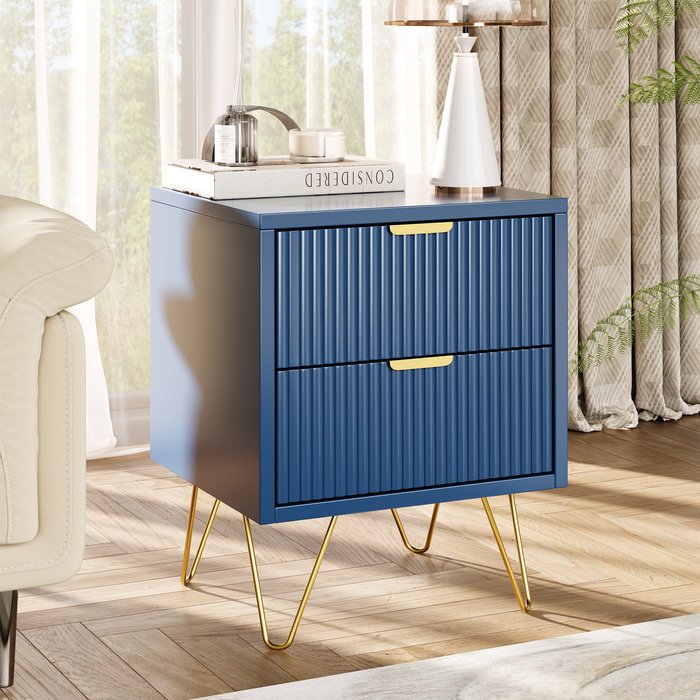 Cómoda de 2 cajones, mesita de noche, aparador, 60 x 40 x 70 cm, azul