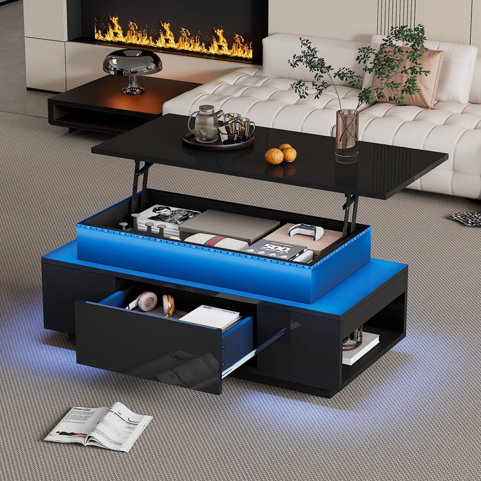 Mesa de centro 96x45x40 cm - 1 cajón e iluminación led de 16 colores - negra