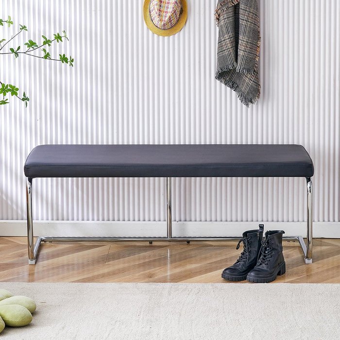 Banco de cuero con estructura cromada - 130 cm, banco moderno, negro