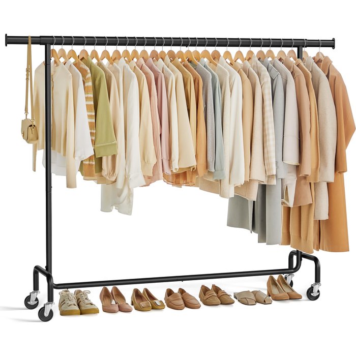 Perchero con ruedas extensible, para carga pesada, portátil, negro mate