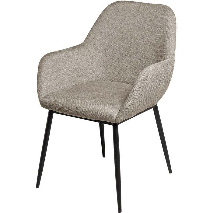 Silla akola tapizada taupe con reposabrazos y patas negras.