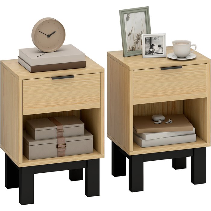 Conjunto 2 mesitas noche estrechas cajón estante dormitorio 35x26x50cm roble