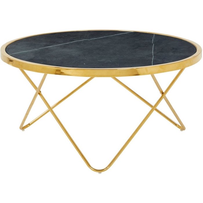 Mesa de centro redonda con estructura dorada y tablero efecto mármol gris claro