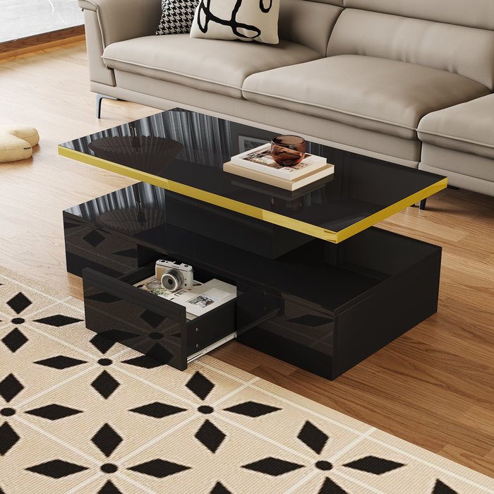 Mesa de centro 100x50x39 cm, 2 niveles, cajón integrado, led, aglomerado, negro