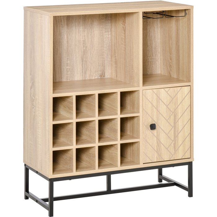 Aparador cocina 76cm madera natural soporte 12 botellas 6 copas armario puerta