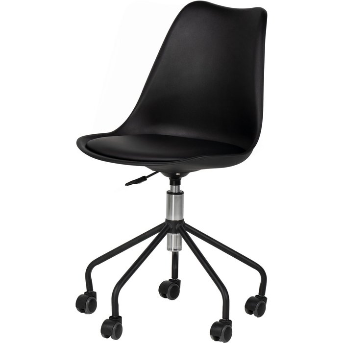 Silla de oficina okanda giratoria con ruedas de polipropileno y patas negras.