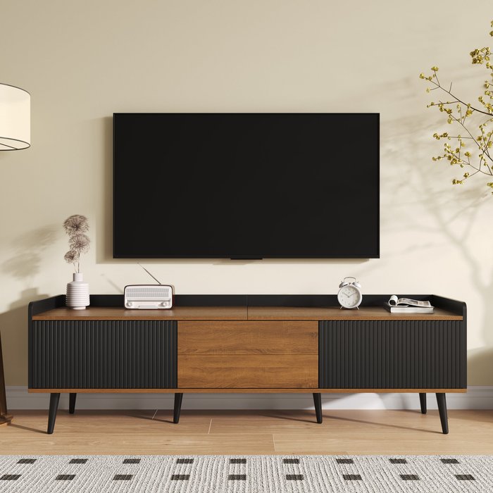 Mueble de tv de 160 cm, acabado madera, 3 puertas, mdf/aglomerado, negro/natural