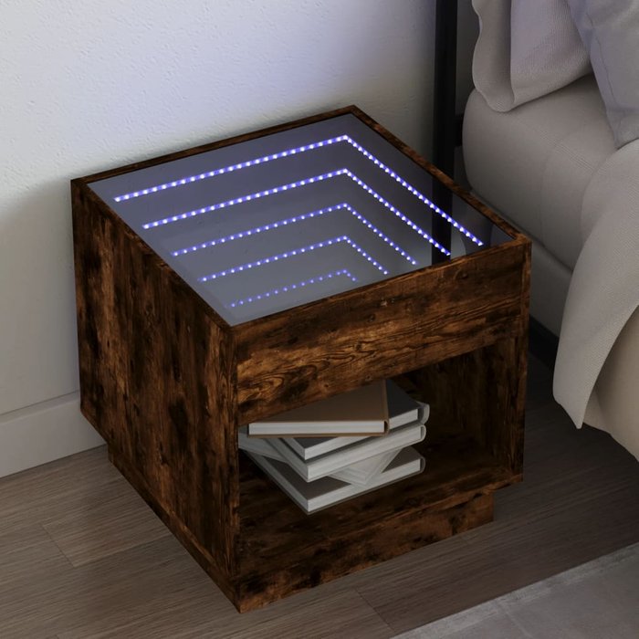 Mesita de noche con led infinity roble ahumado 50x50x50 cm