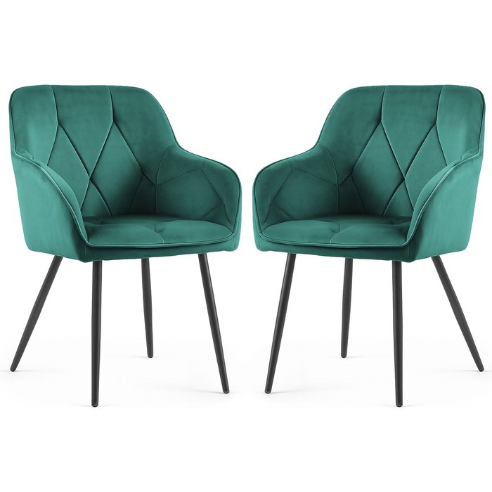 Juego de 2 sillas en terciopelo acolchado diamante verde botella patas negras
