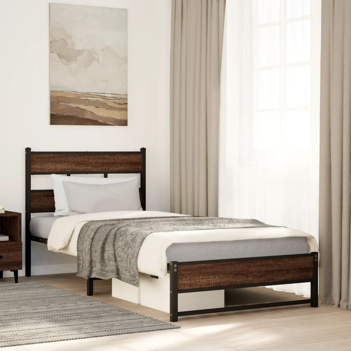 Estructura de cama de metal sin colchón roble marrón 107x203 cm