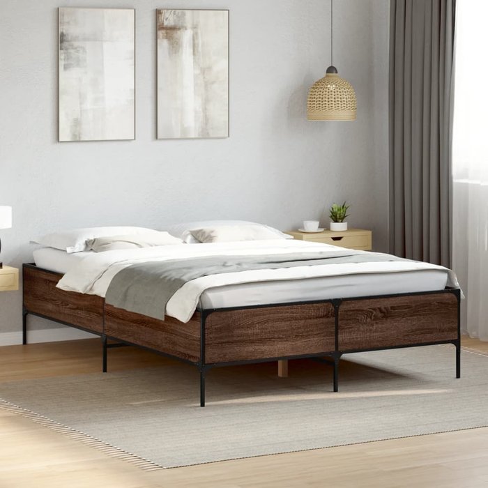 Vidaxl estructura cama madera ingeniería metal marrón roble 140x190 cm