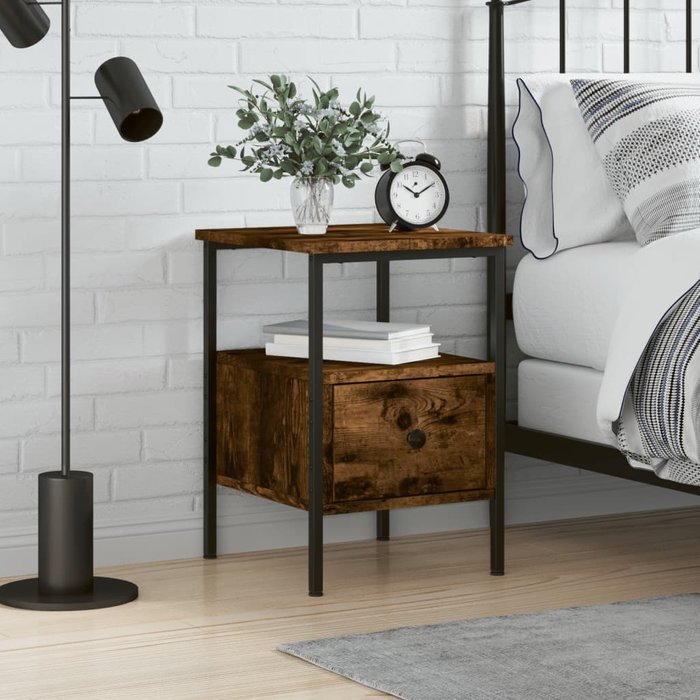 Mesita de noche de roble ahumado, 34x36x50 cm, madera de ingeniería.