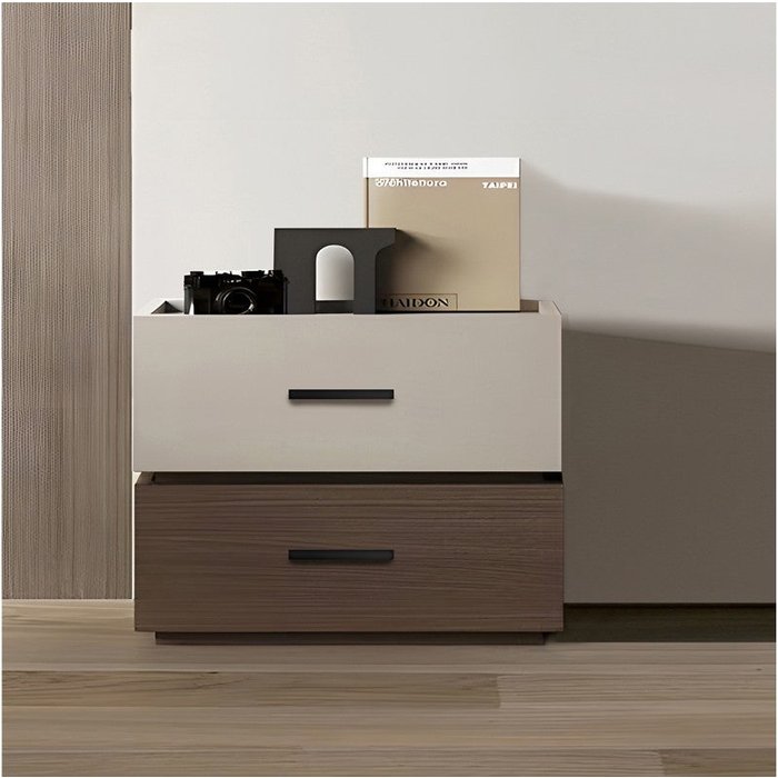 Mesita de noche 2 cajones de melamina y mdf en tono nogal-beige 60x40x44,5cm